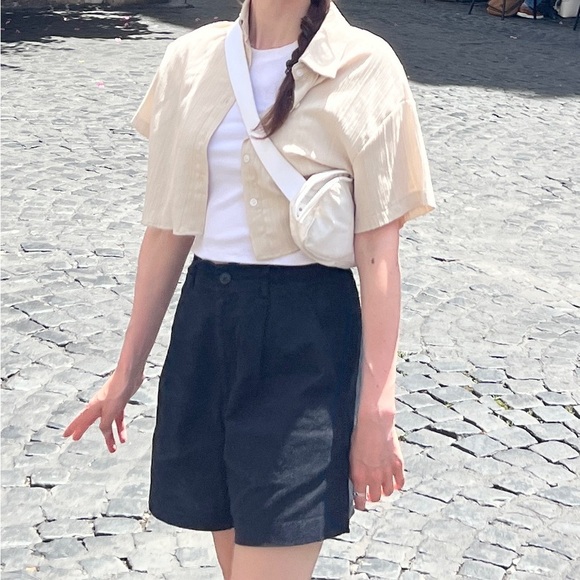 Mint Womens Cropped Collar Button Up Tan Textured Top Casual Cabana Preppy Small - Picture 2 of 10